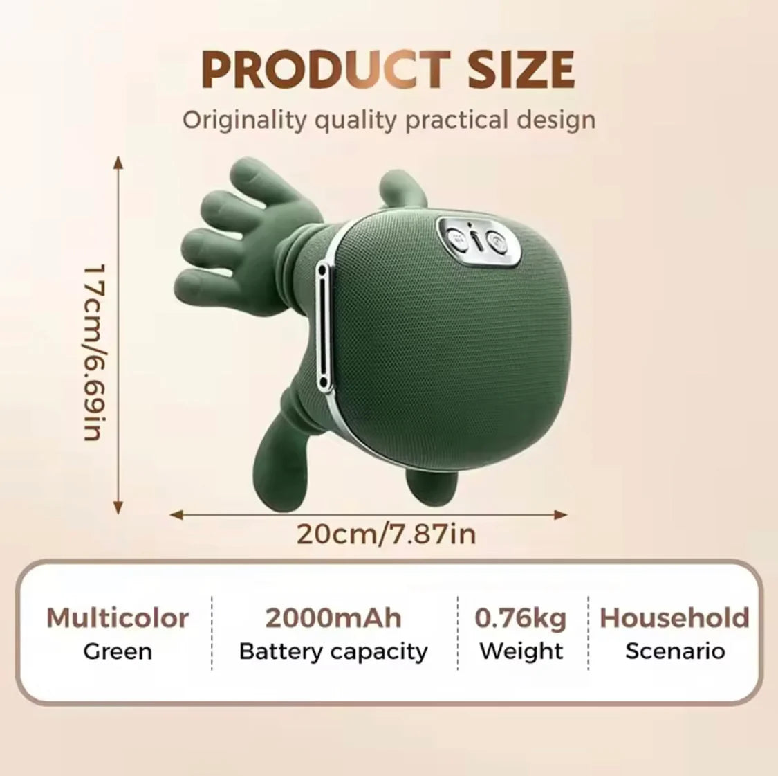 Massager, Real Hand Simulation Shiatsu Deep Tissue Electric Massager for Neck, Back & Shoulders, 3D Kneading, 3-Speed Adjustable USB Rechargeable (Green)