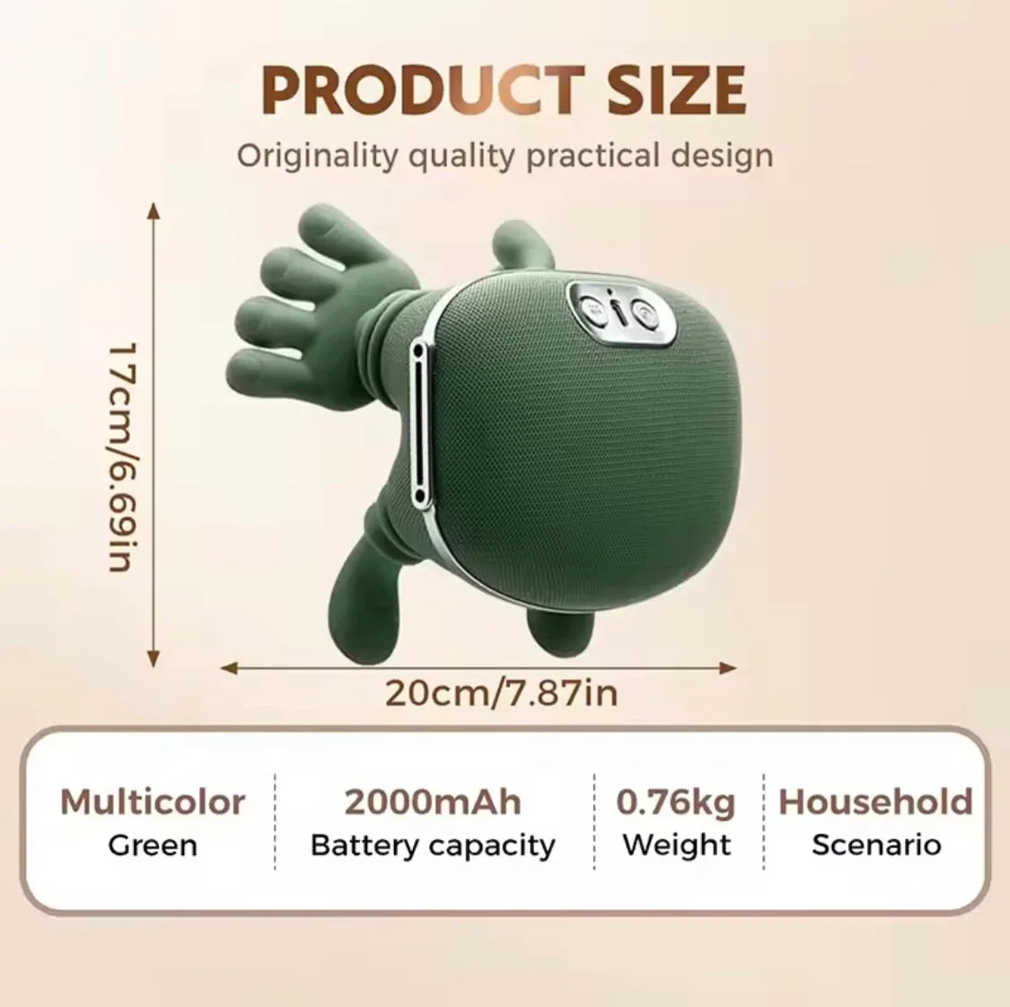 Massager, Real Hand Simulation Shiatsu Deep Tissue Electric Massager for Neck, Back & Shoulders, 3D Kneading, 3-Speed Adjustable USB Rechargeable (Green)